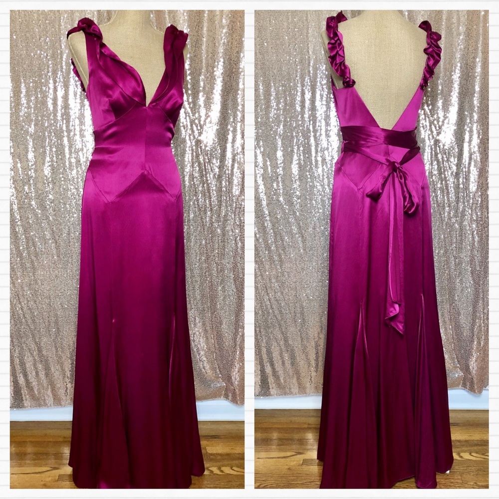 🏷SOLD Magenta Pink Ruffle Silk Gown Floor Dress - Picture 4 of 9